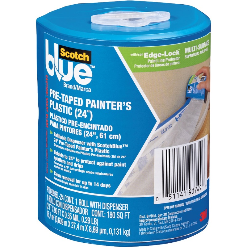 3M Scotch Pre-Taped Painter’s Plastic 24 In. x 90 Ft. 0.35 mil Drop Cloth D869755880949