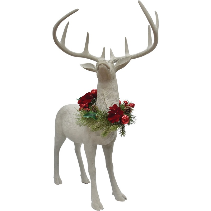 34 In. White Standing Deer with Removeable Floral Wreath